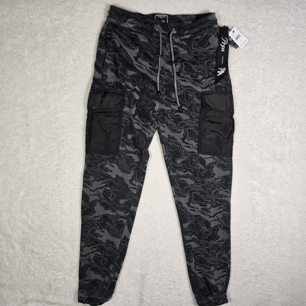 $228 PRPS Japanese Mens Black Camo Cargo Sweatpants Joggers Mens Small Pockets S